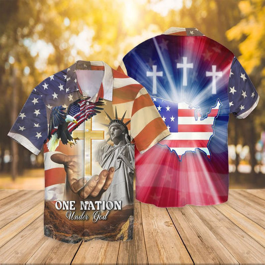 bonfen - 4th Of July Independence Day American Flag Jesus One Mation Under God Eagle Hawaiian Shirt