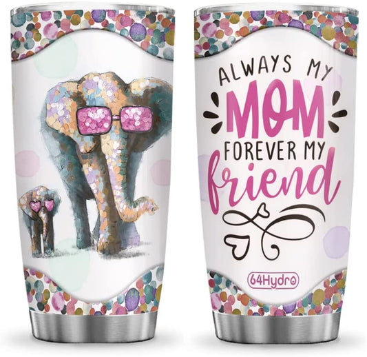 bonfen - 20oz Always Mom Forever Friend Elephant Lover Mother Gifts Tumbler Cup with Lid, Double Wall Vacuum Thermos Insulated Travel Coffee Mug
