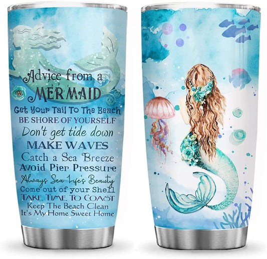 bonfen - 20oz Advice from A Mermaid Inspiration Motivation Ocean Sea Mermaid Tumbler Cup with Lid, Double Wall Vacuum Thermos Insulated Travel Coffee Mug